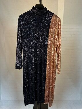 NWT Dima Ayad Navy/Bronze Colorblock Fully Sequined Maxi Dress 2X